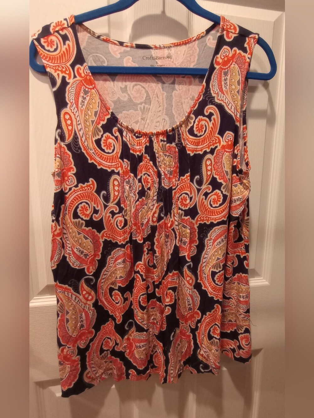 Croft & Barrow Navy Paisley Sleeveless Tank Top - Orange Accent